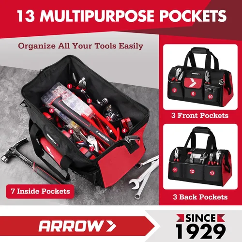 Miniatura 4 de ARROW - Bolsa organizadora de herramientas de 16 pulgadas con pies antideslizantes, bolsas de herramientas para hombres resistentes, boca abierta