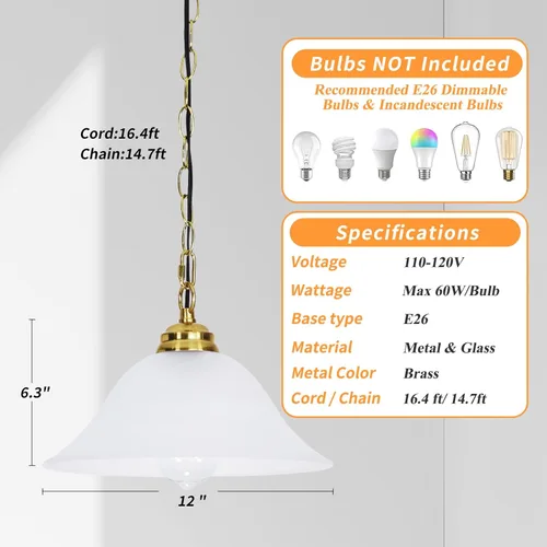 Miniatura 3 de Lámpara colgante enchufable con pantalla de vidrio de alabastro, interruptor de encendido/apagado, cable de 16.4 pies y cadena de 14.7 pies, lámpara