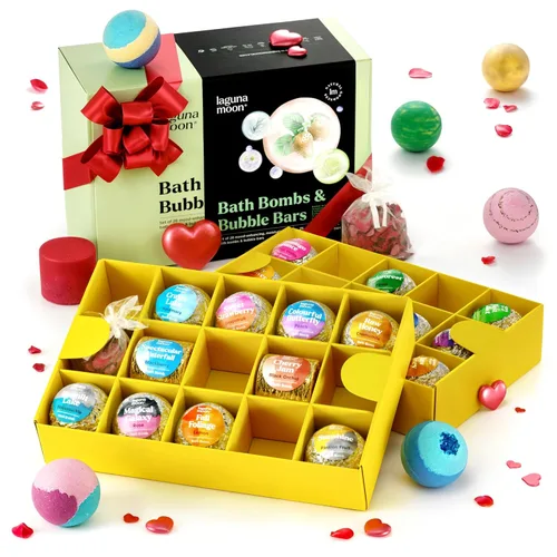Lagunamoon Bombas de baño – 25 piezas extra grandes, 3 barras de burbujas, flores secas, sales de ducha de baño de burbujas para mujeres, hombres y