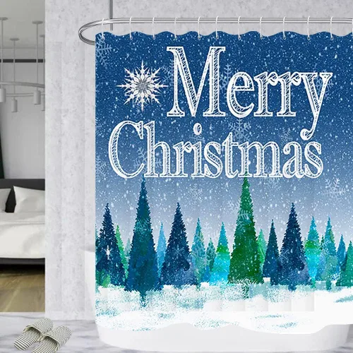 Miniatura 11 de Yeele Cortina de ducha de Feliz Navidad, diseño de rejilla blanca y negra, para invierno, árbol de Navidad, gnomo, juego de cortinas de ducha 2