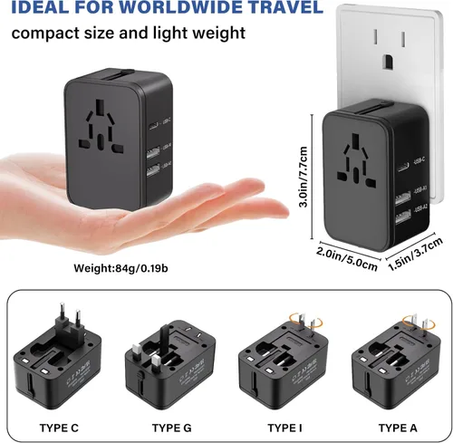 Miniatura 2 de Adaptador de enchufe de viaje con 2 USB A+1 USB C, adaptador de viaje universal todo en uno, convertidores de corriente, cargador de pared
