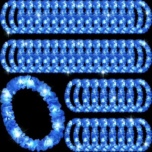 Miniatura 10 de Sherr 48 piezas Collares de leis hawaianas LED con luces LED, collares de flores de Luau para mascarada, playa, boda tropical, suministros