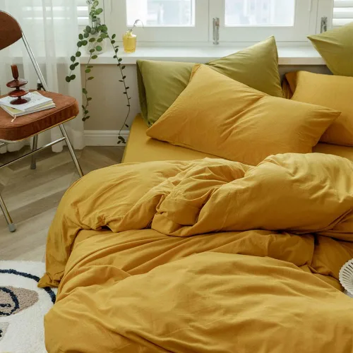 Miniatura 3 de VM VOUGEMARKET - Juego de funda de edredón de algodón de punto jersey de tamaño queen, juego de ropa de cama de algodón de color amarillo, Jersey-oro