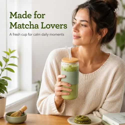 Miniatura 2 de Taza de bambú de vidrio de 16 onzas con tapa y pajita, juego de tazas de café de vidrio de 16 onzas, batido, cerveza, jugo, matcha, vasos estéticos