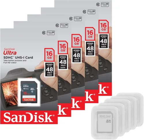 Paquete de 5 tarjetas flash SanDisk Ultra de 16 GB SD SDHC UHS-I Clase 10 Velocidad de lectura de hasta 48 MB/s 320X SDSDUNB-016G-GN3IN Lote al por