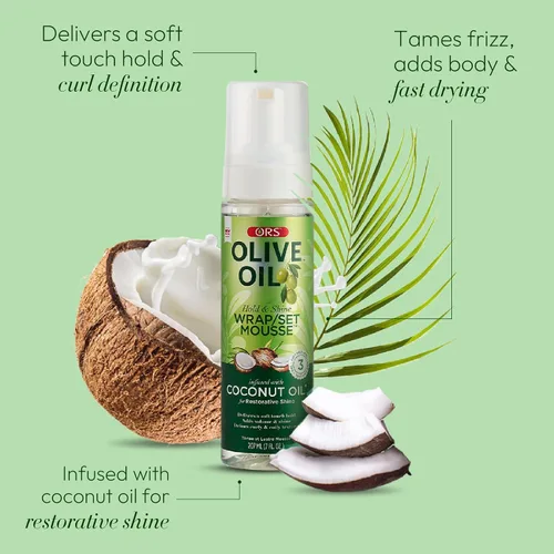 Miniatura 4 de ORS Set de envoltura de aceite de oliva Hold & Shine Mousse infundida con aceite de coco para un brillo reparador, 7 onzas