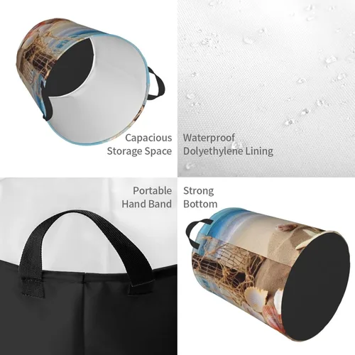 Miniatura 4 de Cesta circular impermeable con estampado de estrellas de mar y conchas marinas, cesta organizadora de ropa sucia con asas para ropa, juguetes