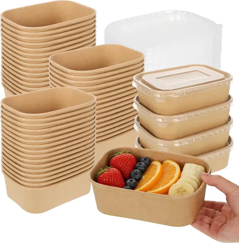 Miniatura 9 de Paquete de 50 cuencos desechables de papel kraft de 17 onzas con tapas, recipientes rectangulares de preparación de comidas a granel, ensaladera