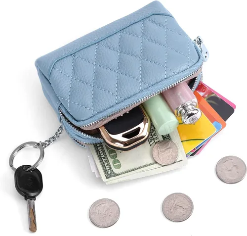 Miniatura 4 de XEYOU Monedero pequeño de piel auténtica con llavero y anillo, Azul, Casual