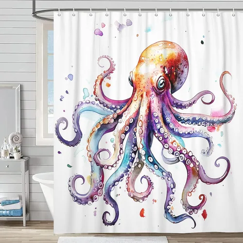 Miniatura 12 de Octopus Decor - Cortina de ducha para caravana, remolque, baño, divertido juego de cortinas de ducha pequeñas y estrechas de tela en blanco y negro