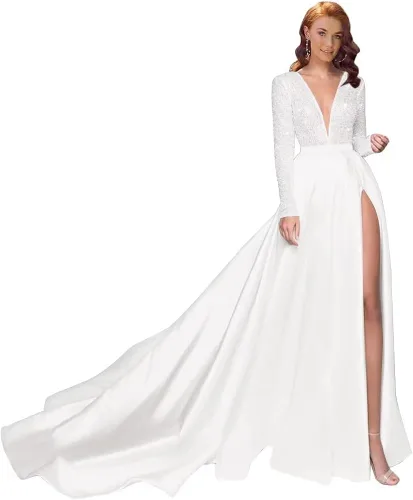 homdor Vestido de fiesta de lentejuelas de manga larga, vestido de baile brillante, vestido de noche formal con cuello en V, vestido de novia de