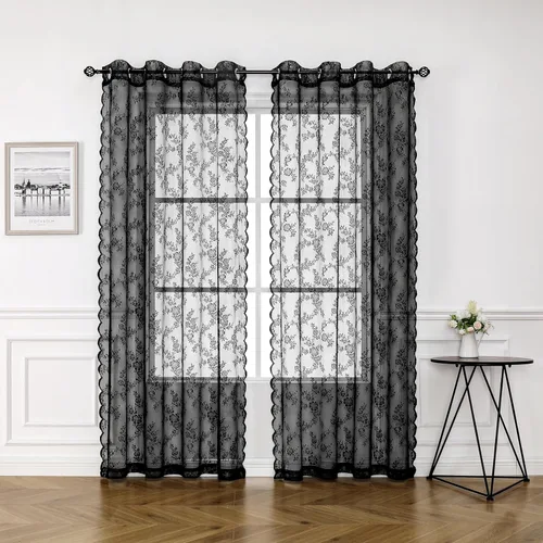 Miniatura 15 de Cortinas traslúcidas de encaje negro de 108 pulgadas para dormitorio, cortinas clásicas con bordado de rosa negra, cortinas traslúcidas de punto