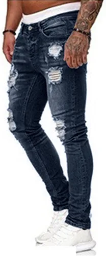 Miniatura 2 de HUNGSON Men's Blue Slim Fit Jeans Stretch Destroyed Ripped Skinny Jeans Side Striped Denim Pants