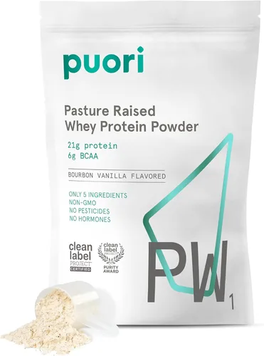 Puori Proteína de suero en polvo, vainilla bourbon - PW1 criada en pasto, proteína de suero alimentada con pasto mezcla de bebida en polvo que