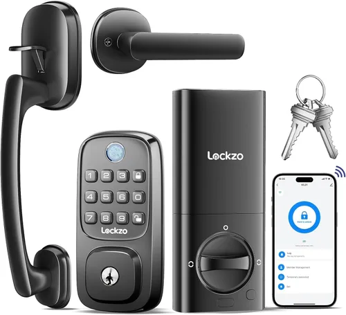 Lockzo Cerradura de puerta inteligente con asa, juego de cerrojo de puerta de entrada sin llave, cerradura inteligente WiFi integrada para parte