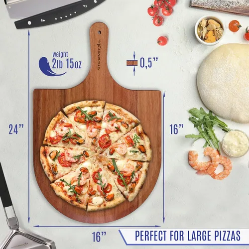 Miniatura 3 de KitchenStar Cortador de pizza con hoja basculante de 16 pulgadas + cáscara de pizza de madera de 16 pulgadas + piedra para pizza para horno