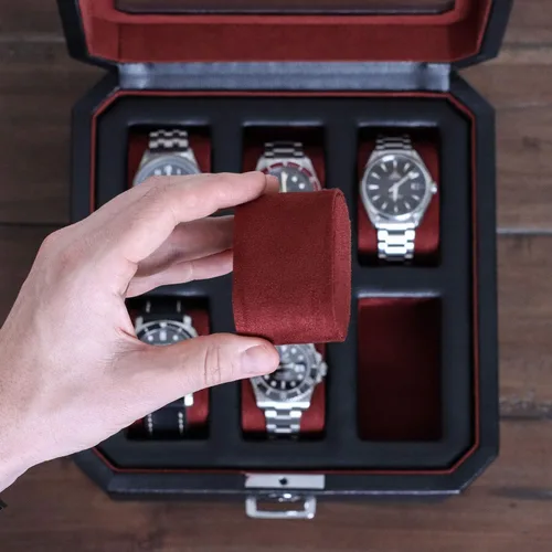 Miniatura 7 de ROTHWELL Caja de reloj de cuero con 6 ranuras y cajón de valet, organizador de exhibición de lujo para relojes, forro de microgamuza, soporte