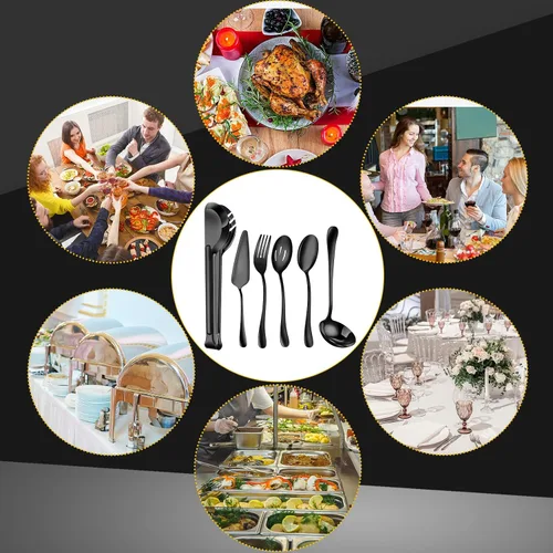Miniatura 6 de Thenshop Juego de 30 utensilios de servir de acero inoxidable que incluye cucharas grandes, cucharas ranuradas, tenedores, cucharón de sopa, tarta