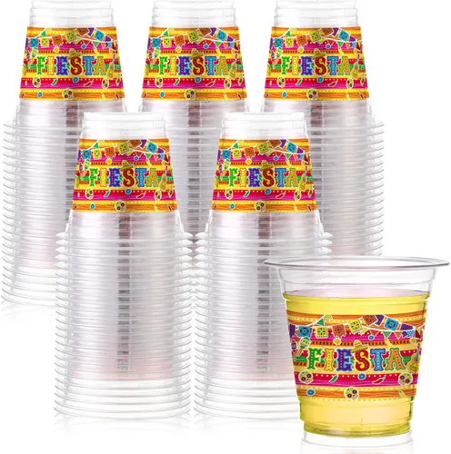 Sumind 100 tazas mexicanas de plástico de 12 onzas para decoración de fiesta del Cinco de Mayo, tazas desechables transparentes para fiestas, tacos,