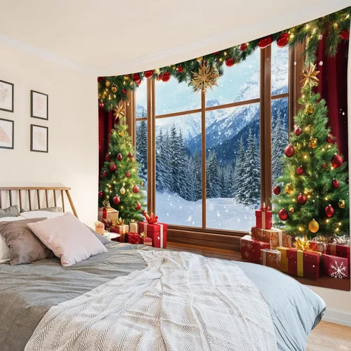 Miniatura 2 de LB Tapiz de Navidad de invierno, ventana de invierno exterior, pino nevado en bosque, tapiz de pared para dormitorio, paisaje de montaña, arte