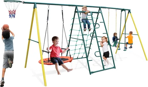 Miniatura 9 de Juegos de columpios de metal para patio trasero con asientos de columpio, deslizador, Teeter-Totter y columpio deslizante, juego de columpios