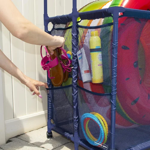 Miniatura 2 de Soporte para Fideos de Piscina, Juguetes, Flotadores, Pelotas, Contenedor Organizador de Almacenamiento de Malla Rodante de Doble Nivel, Grande