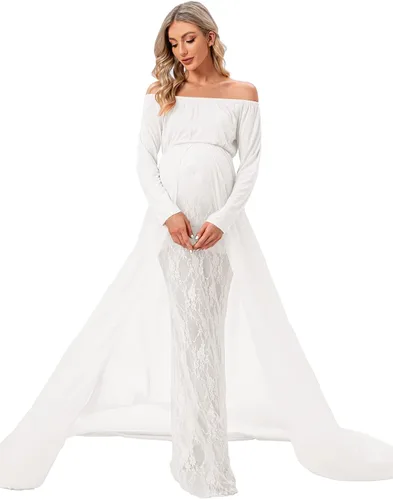 Miniatura 3 de ZIUMUDY Vestido de maternidad para sesión de fotos de manga larga con hombros descubiertos vestido de encaje ajustado con capa larga de gasa trian