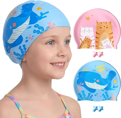 Miniatura 19 de Aegend Paquete de 2 gorros de natación para niñas y niños de 3 a 15 años, gorro de natación impermeable para niños, de silicona duradera
