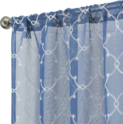 Miniatura 6 de Creative Home Ideas Cortinas transparentes (2 paneles, 38 x 63 pulgadas, azul), paneles de cortina geométricos bordados con alzapaños, cortinas