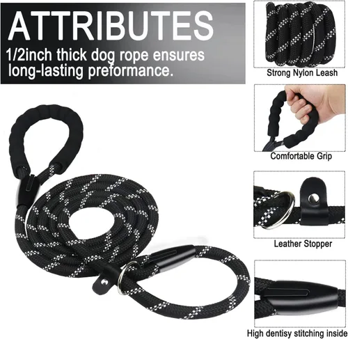 Miniatura 2 de Correa para perro de 3.9 pies, duradera, de alta calidad, resistente, con mango acolchado cómodo e hilos altamente reflectantes para perros Negro