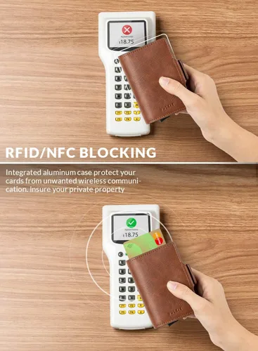 Miniatura 3 de VULKIT Tarjetero de cuero con bloqueo RFID, billetera desplegable automática con bloqueo RFID, cartera magnética para tarjetas doble para hombres