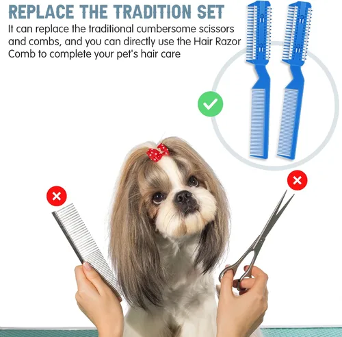 Miniatura 6 de Yinkin 5 piezas de peine de afeitar para perros, recortadora de pelo para mascotas, peine de afeitar con 25 cuchillas adicionales, recortadora Azul
