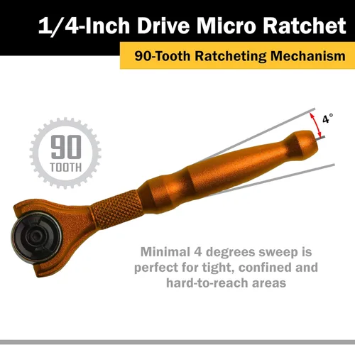 Miniatura 6 de Titan Tools 11322 - Destornillador con trinquete micro de 1/4 de pulgada x 4 pulgadas y 90 dientes - Naranja