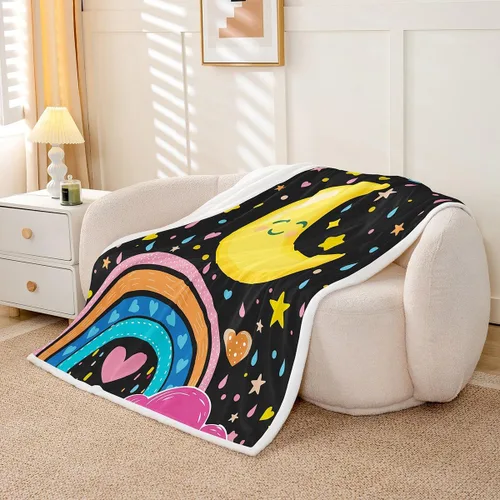 Miniatura 3 de Manta de franela arcoíris para todas las estaciones, colorida manta de cama con diseño de estrellas, luna y cielo para decoración de habitaciones