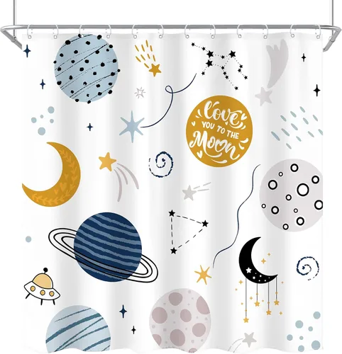 Miniatura 7 de Cortina de ducha para niños, diseño de planeta de dibujos animados, universo lindo, galaxia, espacio, luna, juego de baño para niños, estampado de A
