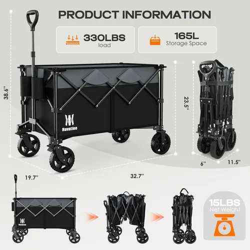 Miniatura 6 de Navatiee - Carro plegable con capacidad de 140L, carrito plegable de gran capacidad con ruedas silenciosas todo terreno, carrito de compras Negro