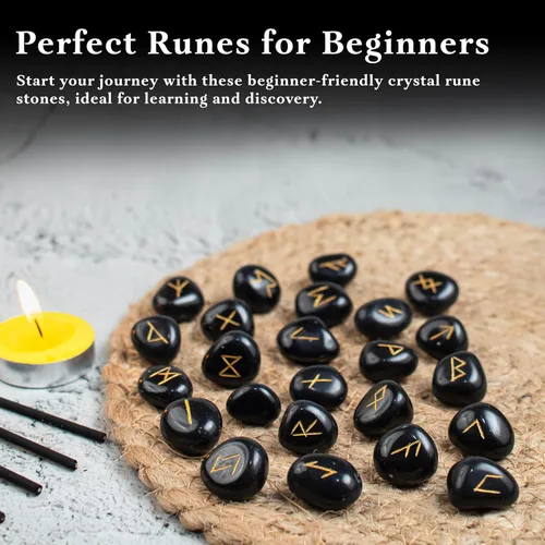 Miniatura 5 de Crocon Piedras preciosas de turmalina negra Alfabeto Futhark Alfabeto Grabado Runa Piedra 25 Piezas Set para Feng Shui Chakra Equilibrio Reiki