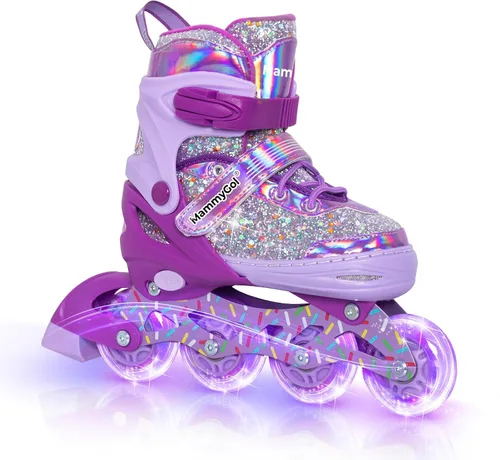 Mammygol Patines en línea para niñas y niños, 4 tamaños ajustables para niñas de 3 a 12 años con ruedas iluminadas y protección de seguridad, regalo