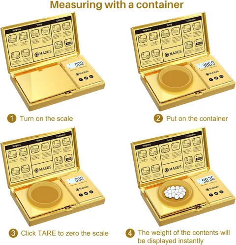 Miniatura 4 de MAXUS Báscula digital de gramos con capacidad de 7.05 oz x 0.00 oz, elegante cubierta chapada en oro y plataforma para un pesaje preciso y preciso