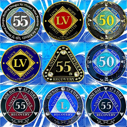 Miniatura 3 de (Años 1-55) NA Medallón de 7 años, plata, chapado en color azul, narcóticos cubiertos de epoxi Moneda anónima (NA 7 años medallón)