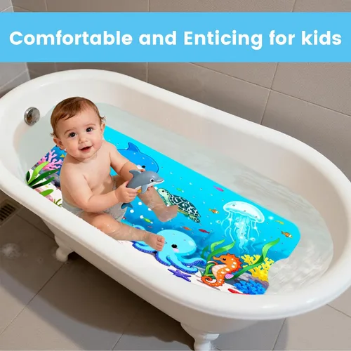 Miniatura 2 de Alfombra de bañera para niños antideslizante, delfines nadan felices en el mar (azul) 40 x 16 pulgadas, extra larga, suave, ventosa para un agarre
