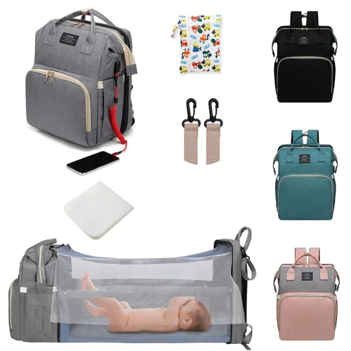 Miniatura 13 de Bolsa de pañales con cambiador, mochila para pañales, bolsa de pañales de viaje 7 en 1, bolsa para mamá con puerto de carga USB (rosa-gris)