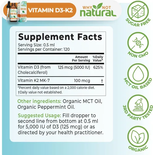 Miniatura 5 de Why Not Natural Gotas líquidas orgánicas de vitamina D3 K2 (MK-7), 5000 UI de D3 sublingual con aceite de coco MCT, para huesos y dientes fuertes