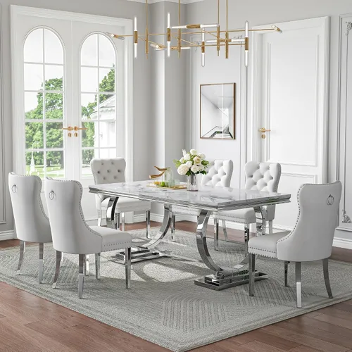 Miniatura 42 de Juego de mesa de comedor de mármol de 70 pulgadas para 6, mesa de cocina grande y sillas de cuero negro, mesas de comedor modernas negras y doradas