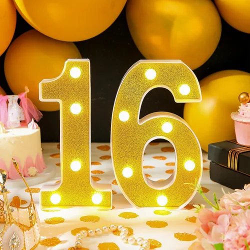 Miniatura 3 de Treela Números LED iluminados decorativos de 8.7'' de cumpleaños, letrero de números de marquesina de purpurina para decoraciones de fiesta de Oro