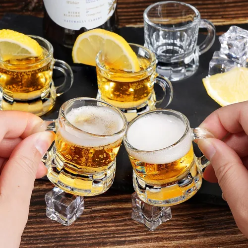 Miniatura 5 de ZZYFGH Paquete de 10 Mini Vasos de Chupito de Cerveza, Mini Vaso de Cerveza de Vidrio con Asa de 1.0 Onza, Vasos de Chupito para Tequila, Vodka