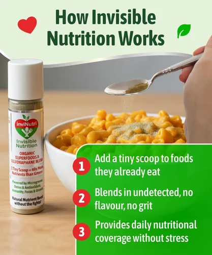 Miniatura 4 de InviNutri Superalimento en polvo para comedores sensoriales y quisquillosos. Una cucharada diminuta - 40 veces rica en nutrientes, 30 mg
