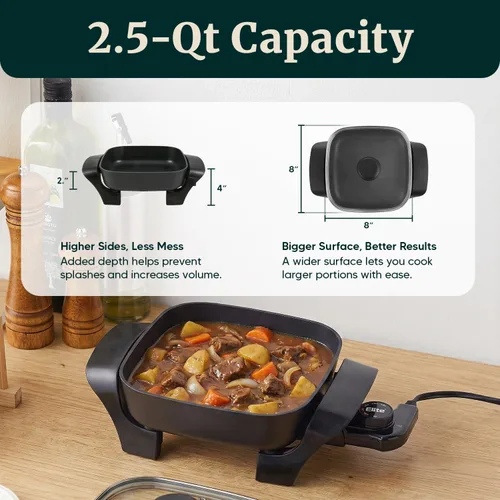 Miniatura 5 de Elite Gourmet EG808 - Sartén eléctrica antiadherente de 8 x 8 pulgadas, apta para lavavajillas con tapa ventilada de vidrio templado, calentamiento
