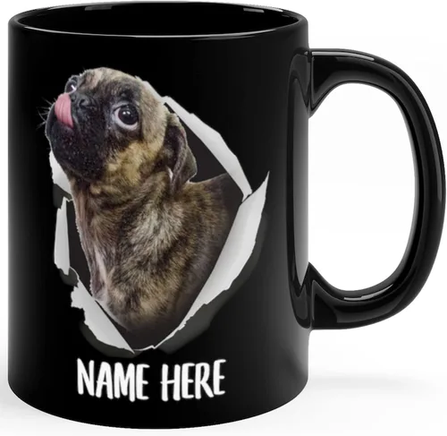 Divertida taza de café personalizada con nombre personalizado de Pug Brindle, regalos de Navidad 2025, tazas de cerámica, color negro, 11 onzas