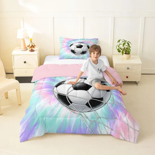 Feelyou Football Comforter Set Twin Size Soccer Bedding Set for Kids Boys Girls Watercolor Tie Dye Duvet Quilt Sports Bedroom Decor Microfiber 2 Pcs